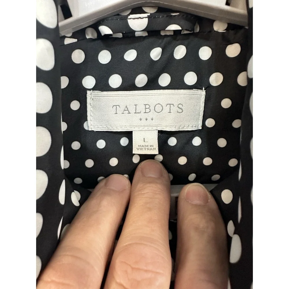 Talbots Women's Down‎ Puffer Quilted Vest Black & White Polka Dot Large Full Zip